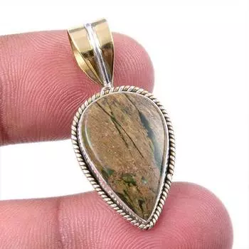 Natural Rhyolite Gemstone 925 Solid Sterling Silver Two Tone Pendant 1.50 W1V39