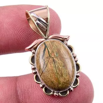 Natural Rhyolite Gemstone 925 Solid Sterling Silver Two Tone Pendant 1.25 b1N06