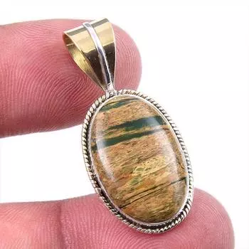 Natural Rhyolite Gemstone 925 Solid Sterling Silver Two Tone Pendant 1.25 G7M73