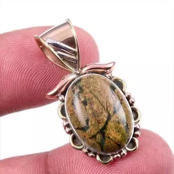 Natural Rhyolite Gemstone 925 Solid Sterling Silver Two Tone Pendant 1.25 W7u79