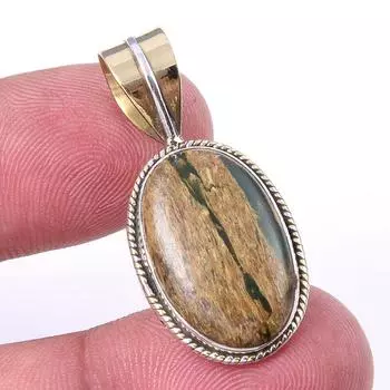 Natural Rhyolite Gemstone 925 Solid Sterling Silver Two Tone Pendant 1.25 L5G34