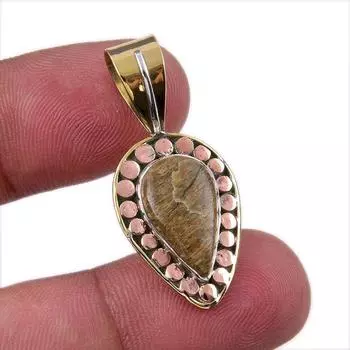 Natural Rhyolite Gemstone 925 Solid Sterling Silver Two Tone Pendant 1.25 w7K09