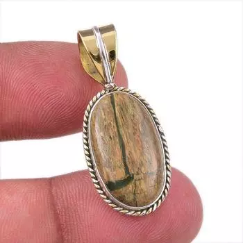 Natural Rhyolite Gemstone 925 Solid Sterling Silver Two Tone Pendant 1.50 P7k68