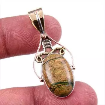 Natural Rhyolite Gemstone 925 Solid Sterling Silver Two Tone Pendant 1.75 K3s15