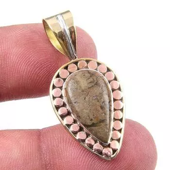 Natural Rhyolite Gemstone 925 Solid Sterling Silver Two Tone Pendant 1.25 s8u61
