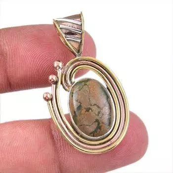 Natural Rhyolite Gemstone 925 Solid Sterling Silver Two Tone Pendant 1.50 J4n32