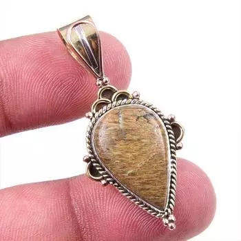 Natural Rhyolite Gemstone 925 Solid Sterling Silver Two Tone Pendant 1.75 A2I47