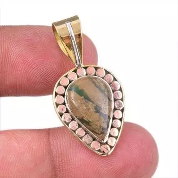 Natural Rhyolite Gemstone 925 Solid Sterling Silver Two Tone Pendant 1.50 T9u63