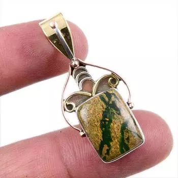 Natural Rhyolite Gemstone 925 Solid Sterling Silver Two Tone Pendant 1.5 s7W95