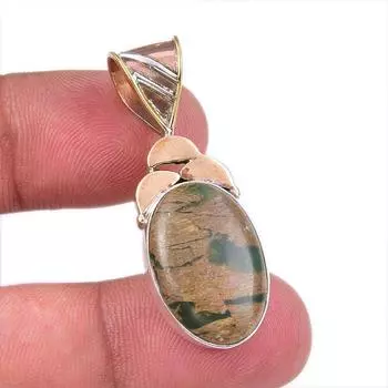 Natural Rhyolite Gemstone 925 Solid Sterling Silver Two Tone Pendant 1.50 h3B16