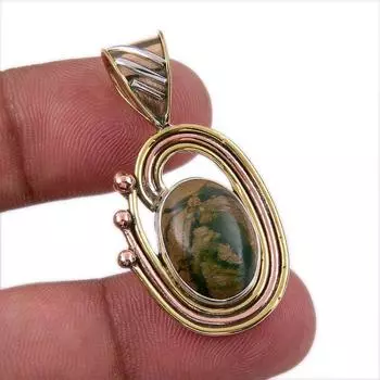 Natural Rhyolite Gemstone 925 Solid Sterling Silver Two Tone Pendant 1.50 r5Y72