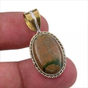 Natural Rhyolite Gemstone 925 Solid Sterling Silver Two Tone Pendant 1.25 Q2o69