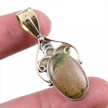 Natural Rhyolite Gemstone 925 Solid Sterling Silver Two Tone Pendant 1.5 a8u23