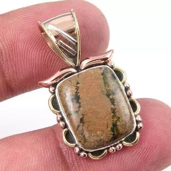 Natural Rhyolite Gemstone 925 Solid Sterling Silver Two Tone Pendant 1.25 Q3R74