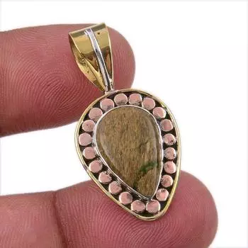Natural Rhyolite Gemstone 925 Solid Sterling Silver Two Tone Pendant 1.25 Y1a78