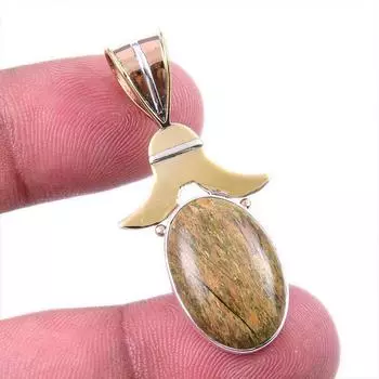 Natural Rhyolite Gemstone 925 Solid Sterling Silver Two Tone Pendant 1.50 F2N65