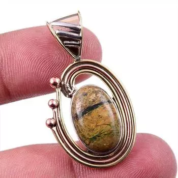 Natural Rhyolite Gemstone 925 Solid Sterling Silver Two Tone Pendant 1.50 Z7S51