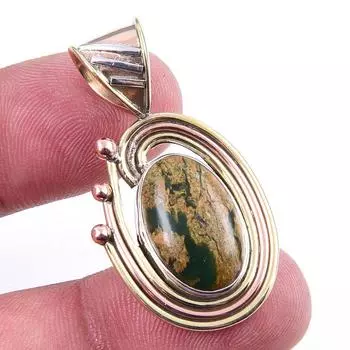 Natural Rhyolite Gemstone 925 Solid Sterling Silver Two Tone Pendant 1.50 O1w49