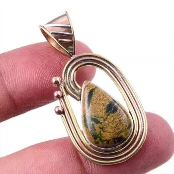 Natural Rhyolite Gemstone 925 Solid Sterling Silver Two Tone Pendant 1.75 r1Z95