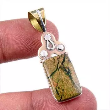 Natural Rhyolite Gemstone 925 Solid Sterling Silver Two Tone Pendant 1.75 r6o45
