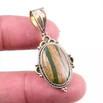 Natural Rhyolite Gemstone 925 Solid Sterling Silver Two Tone Pendant 1.5 e1m41