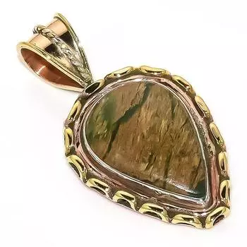 Natural Rhyolite Gemstone Two Tone 925 Solid Sterling Silver Pendant 1.55 l9L76