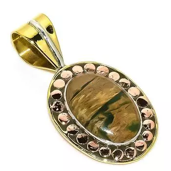Natural Rhyolite Gemstone Two Tone 925 Solid Sterling Silver Pendant 1.25 g9Q38
