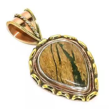 Natural Rhyolite Gemstone Two Tone 925 Solid Sterling Silver Pendant 1.50 N3U10