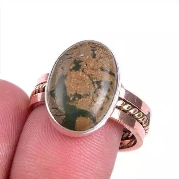 Natural Rhyolite Gemstone Two Tone 925 Sterling Silver Jewelry Ring S.8.5 m8O78