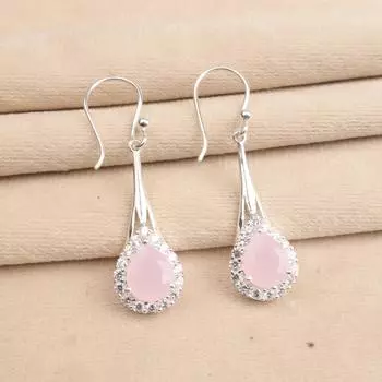 Natural Rose Chalcedony Gemstone 925 Sterling Silver Zircon Hook Earrings 1.86 CZE-7-16