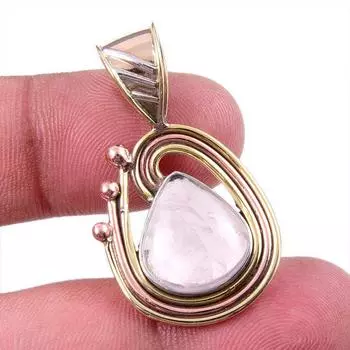 Natural Rose Quartz 925 Solid Sterling Silver Jewelry TwoTone Pendant 1.25 Z4y28