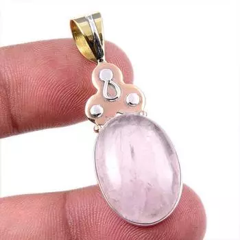 Natural Rose Quartz 925 Solid Sterling Silver Jewelry TwoTone Pendant 1.75 z2C66