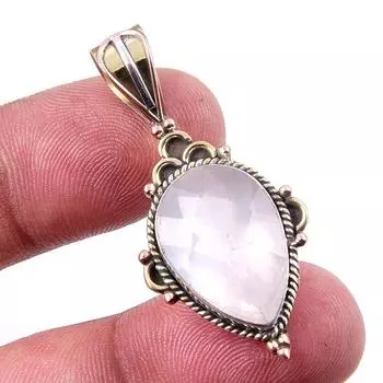 Natural Rose Quartz 925 Solid Sterling Silver Jewelry TwoTone Pendant 1.50 H9E23