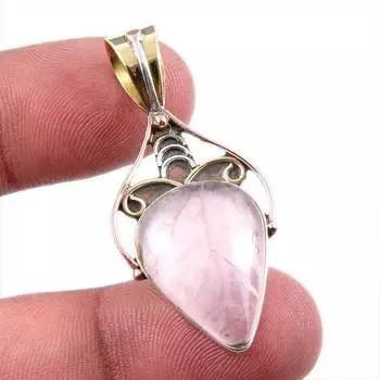 Natural Rose Quartz 925 Solid Sterling Silver Jewelry TwoTone Pendant 1.75 E7A98