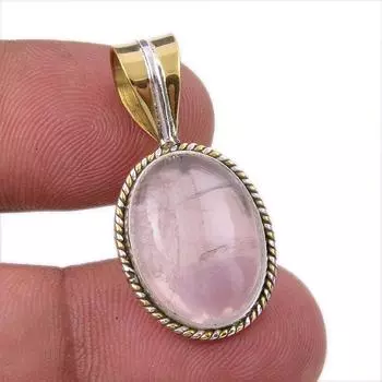 Natural Rose Quartz 925 Solid Sterling Silver Jewelry TwoTone Pendant 1.25 W6i65
