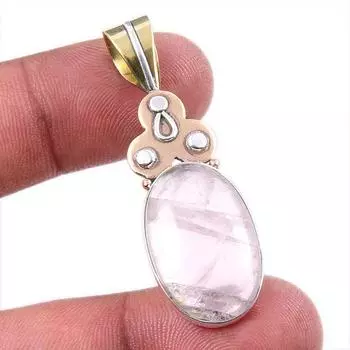Natural Rose Quartz 925 Solid Sterling Silver Jewelry TwoTone Pendant 1.75 p9y21