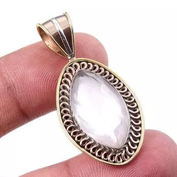 Natural Rose Quartz 925 Solid Sterling Silver Jewelry TwoTone Pendant 1.75 V3H55