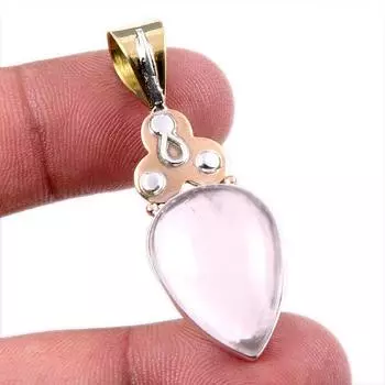 Natural Rose Quartz 925 Solid Sterling Silver Jewelry TwoTone Pendant 1.75 V1k16