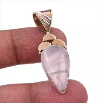 Natural Rose Quartz 925 Solid Sterling Silver Jewelry TwoTone Pendant 1.75 o3t53