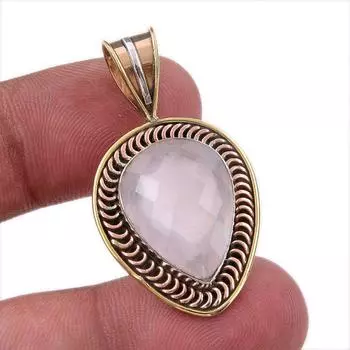 Natural Rose Quartz 925 Solid Sterling Silver Jewelry TwoTone Pendant 1.50 w9j48