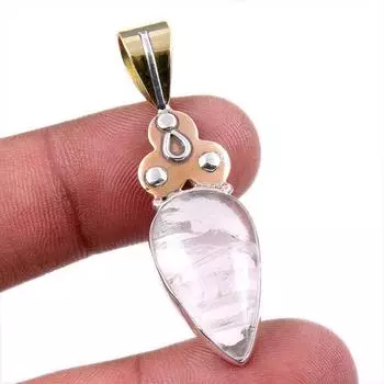 Natural Rose Quartz 925 Solid Sterling Silver Jewelry TwoTone Pendant 1.75 n7M82