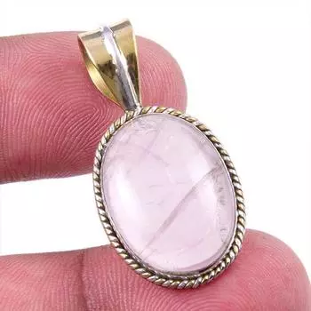 Natural Rose Quartz 925 Solid Sterling Silver Jewelry TwoTone Pendant 1.25 N2E29