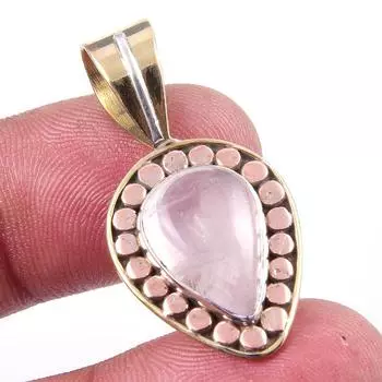 Natural Rose Quartz 925 Solid Sterling Silver Jewelry TwoTone Pendant 1.25 V5B39