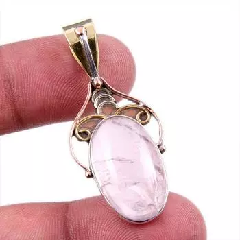 Natural Rose Quartz 925 Solid Sterling Silver Jewelry TwoTone Pendant 1.75 y3c98