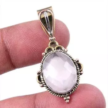 Natural Rose Quartz 925 Solid Sterling Silver Jewelry TwoTone Pendant 1.50 U9t43