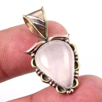 Natural Rose Quartz 925 Solid Sterling Silver Jewelry TwoTone Pendant 1.25 H6O65