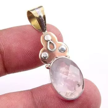 Natural Rose Quartz 925 Solid Sterling Silver Jewelry TwoTone Pendant 1.50 k9t18