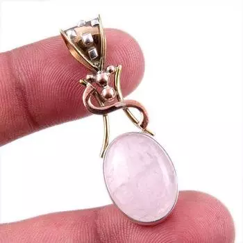 Natural Rose Quartz 925 Solid Sterling Silver Jewelry TwoTone Pendant 1.75 U5D08
