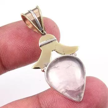 Natural Rose Quartz 925 Solid Sterling Silver Jewelry TwoTone Pendant 1.75 k3K33