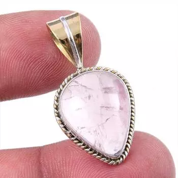 Natural Rose Quartz 925 Solid Sterling Silver Jewelry TwoTone Pendant 1.25 u9S93